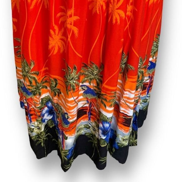 Vintage Maxi Dress Hawaiian Print Red Blue Pattern Floral Smocked Top Tropical - Picture 3 of 8